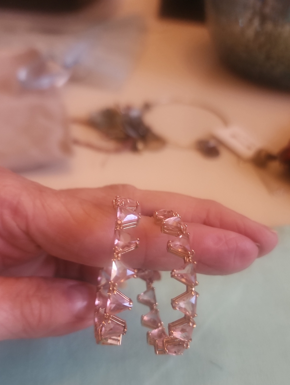Swarvorki Pink Crystal Rose Gold Continous Hoop Earrings